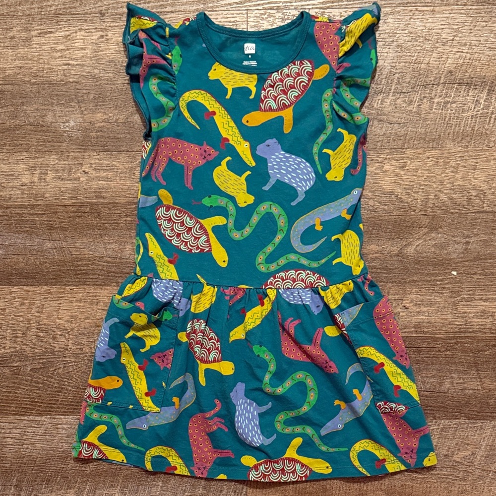 Tea Collection Flutter Sleeve Pocket Dress in “Brazilian Folk Animals” Print